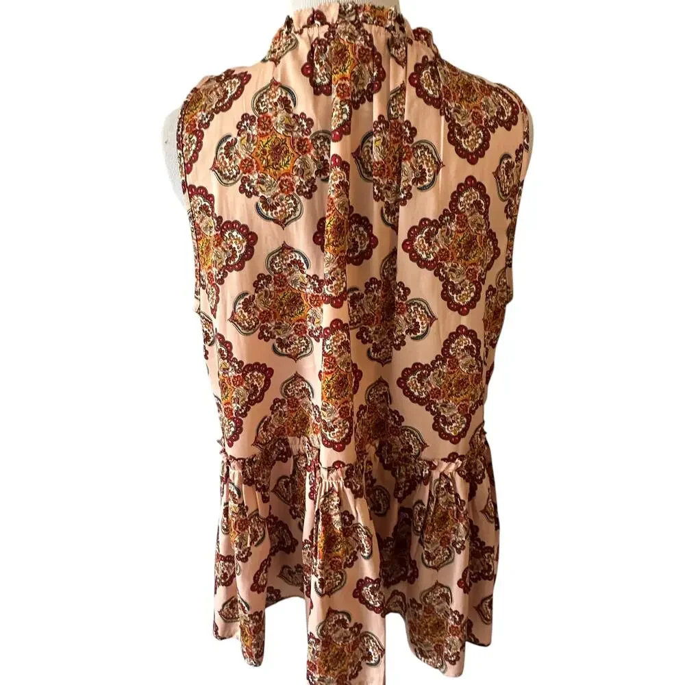 LOFT Peplum Tank Womens Medium Pink Medallion Satin Tiered Babydoll Ruffled Top